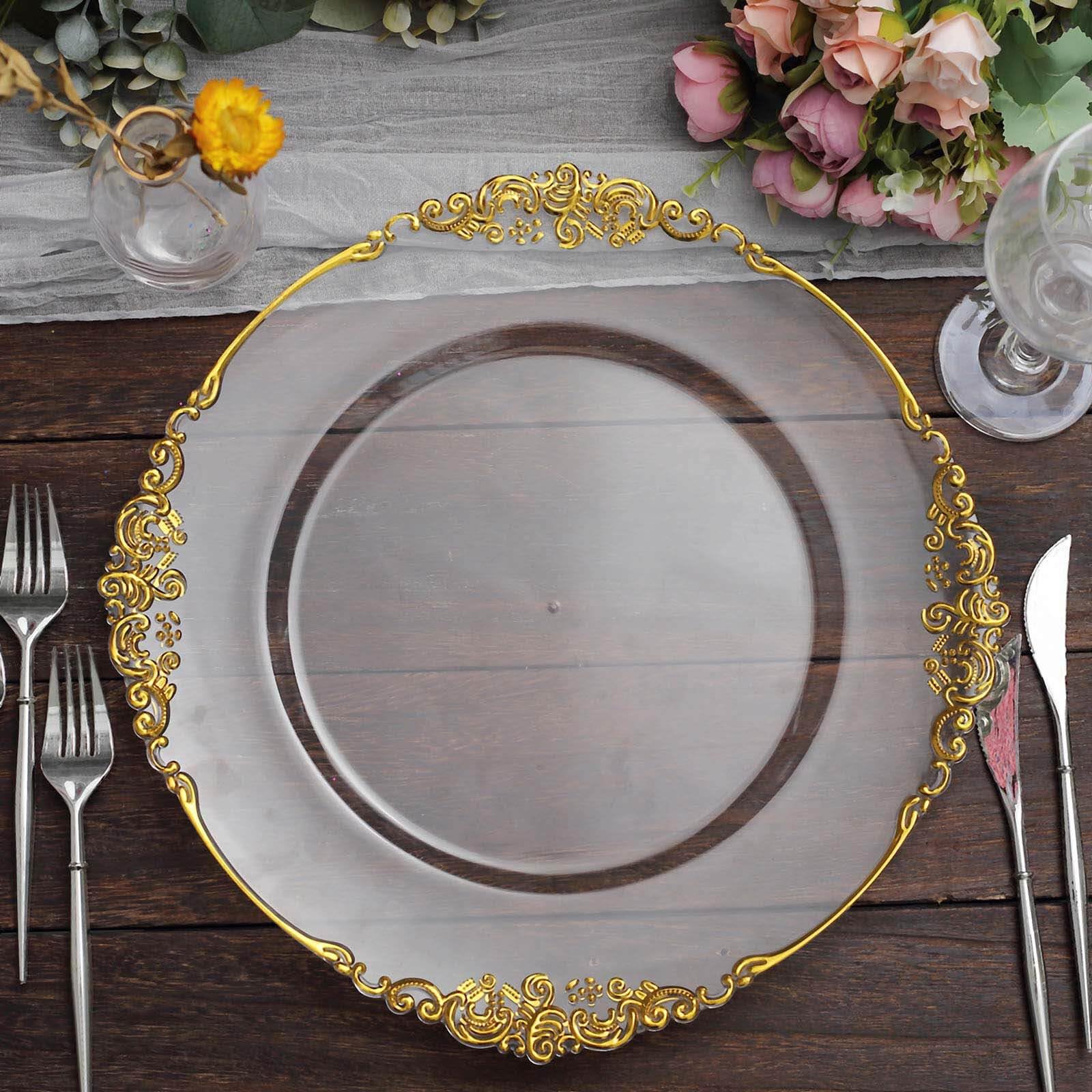 Tableclothsfactory 6 Pack Clear Gold 13" Round Baroque Charger Plates Leaf Embossed Rim for Tabletop Decor Catering Event Decoration - Image 7