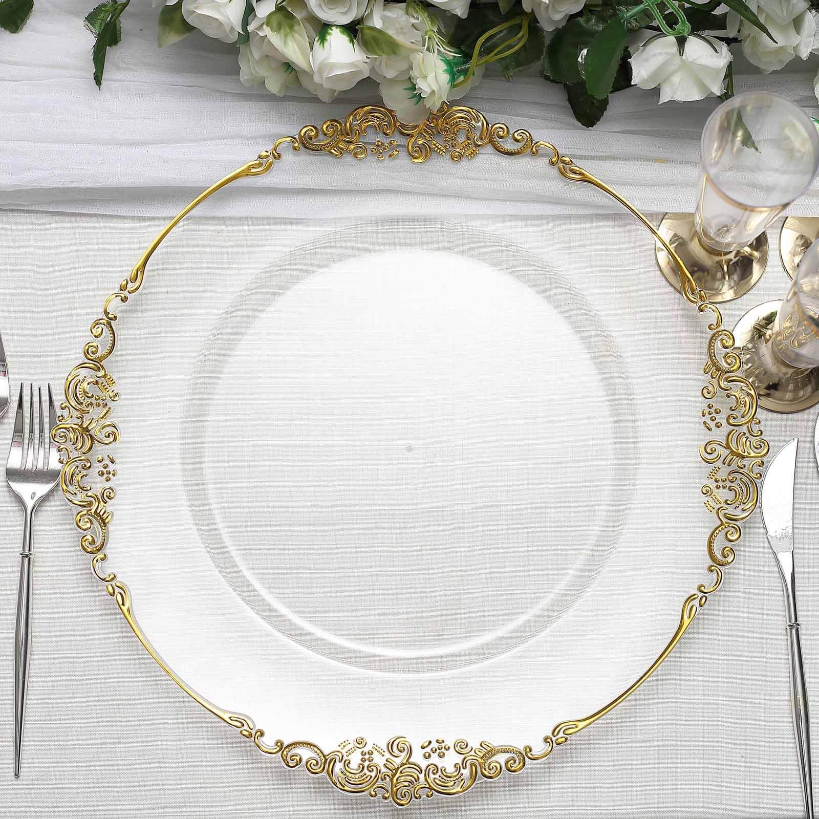 Tableclothsfactory 6 Pack Clear Gold 13" Round Baroque Charger Plates Leaf Embossed Rim for Tabletop Decor Catering Event Decoration - Image 8