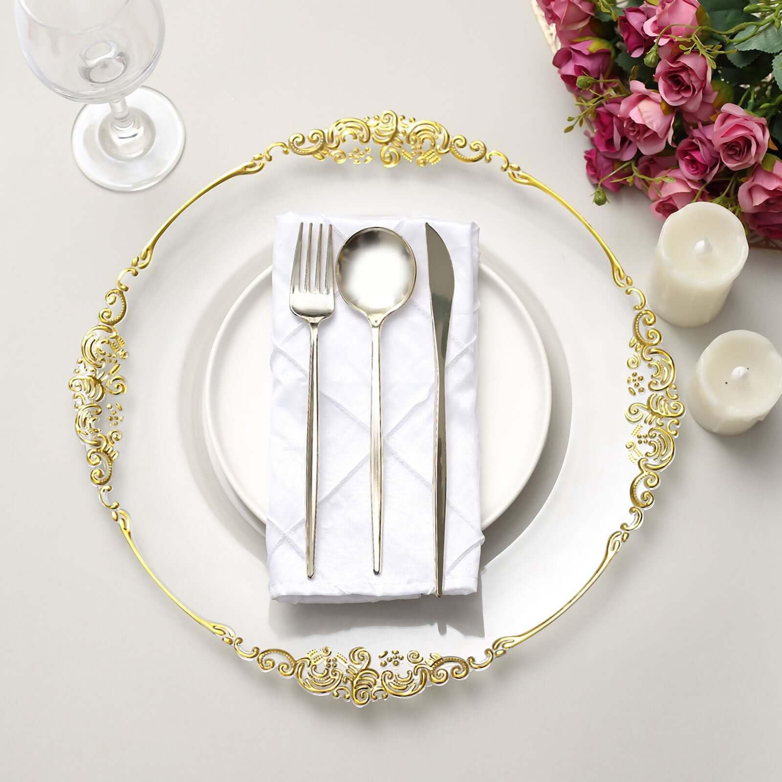 Tableclothsfactory 6 Pack Clear Gold 13" Round Baroque Charger Plates Leaf Embossed Rim for Tabletop Decor Catering Event Decoration - Image 9