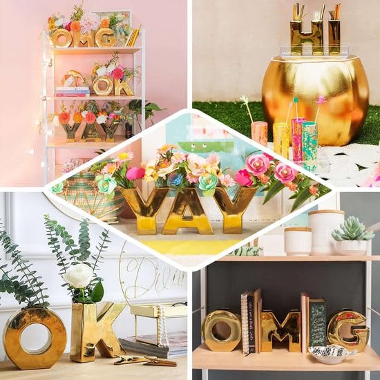 Tableclothsfactory 6" Shiny Gold Plated Ceramic Letter O Sculpture Flower Vase, Bud Planter Pot Table Centerpiece - Image 5