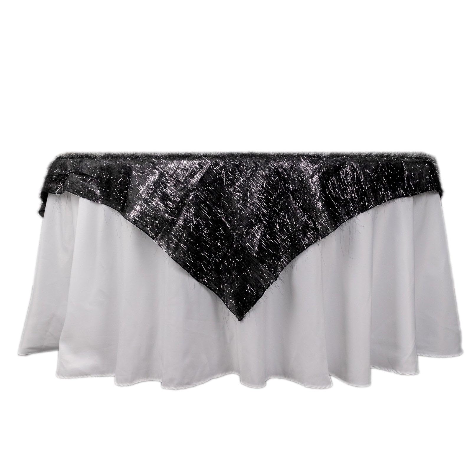 Tableclothsfactory 72" Black Metallic Fringe Shag Tinsel Square Polyester Table Overlay - Image 3