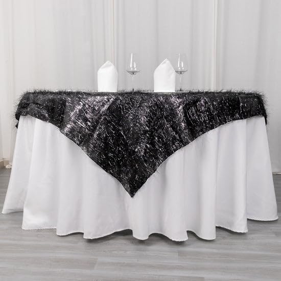 Tableclothsfactory 72" Black Metallic Fringe Shag Tinsel Square Polyester Table Overlay - Image 4