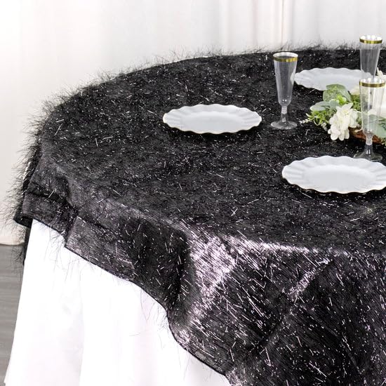 Tableclothsfactory 72" Black Metallic Fringe Shag Tinsel Square Polyester Table Overlay - Image 5