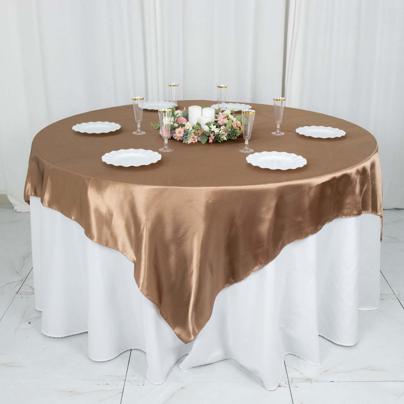 Tableclothsfactory 72" Satin Square Tablecloth Overlay for Wedding Catering Party Table Decorations Tablecloth Cover - Taupe - Image 6