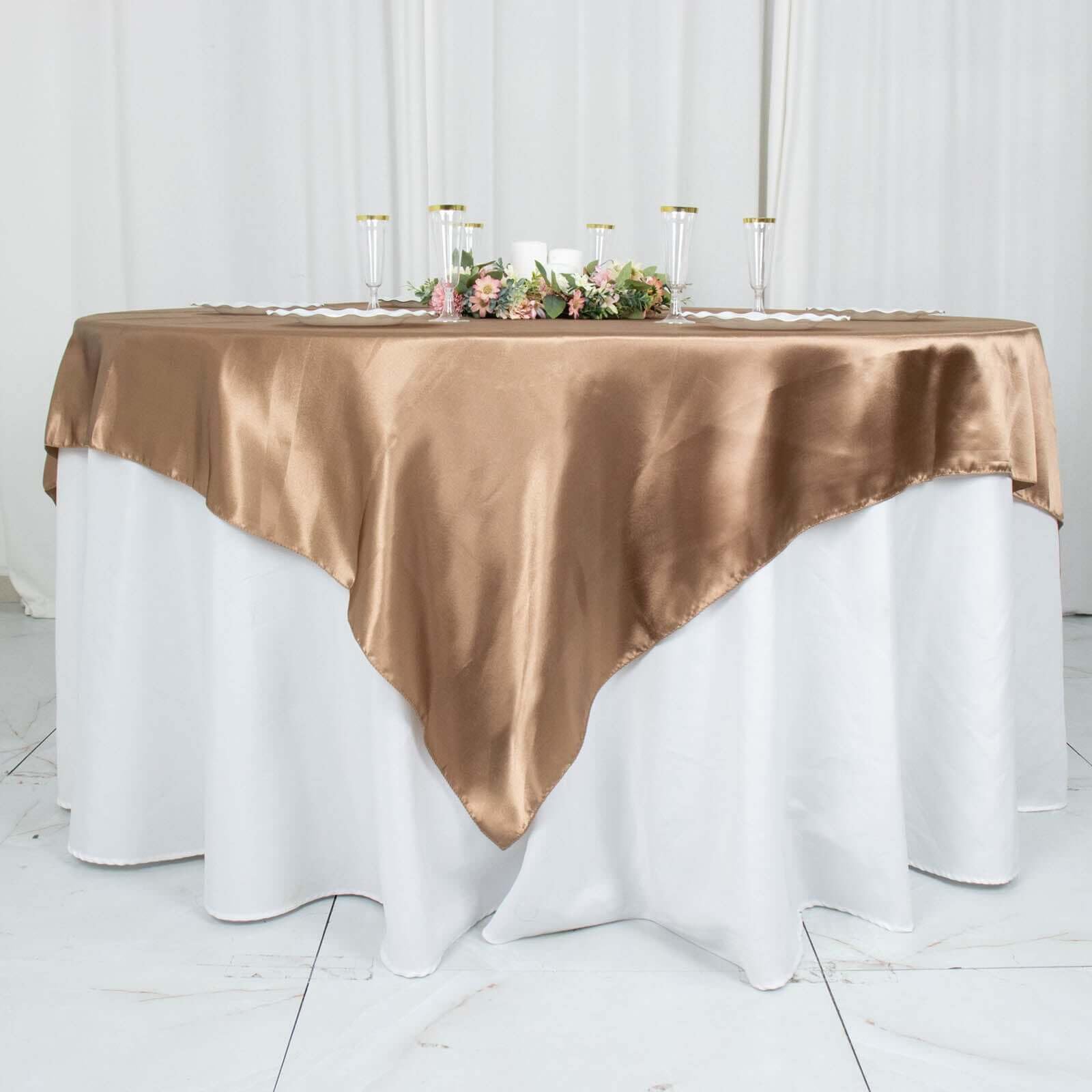 Tableclothsfactory 72" Satin Square Tablecloth Overlay for Wedding Catering Party Table Decorations Tablecloth Cover - Taupe - Image 7
