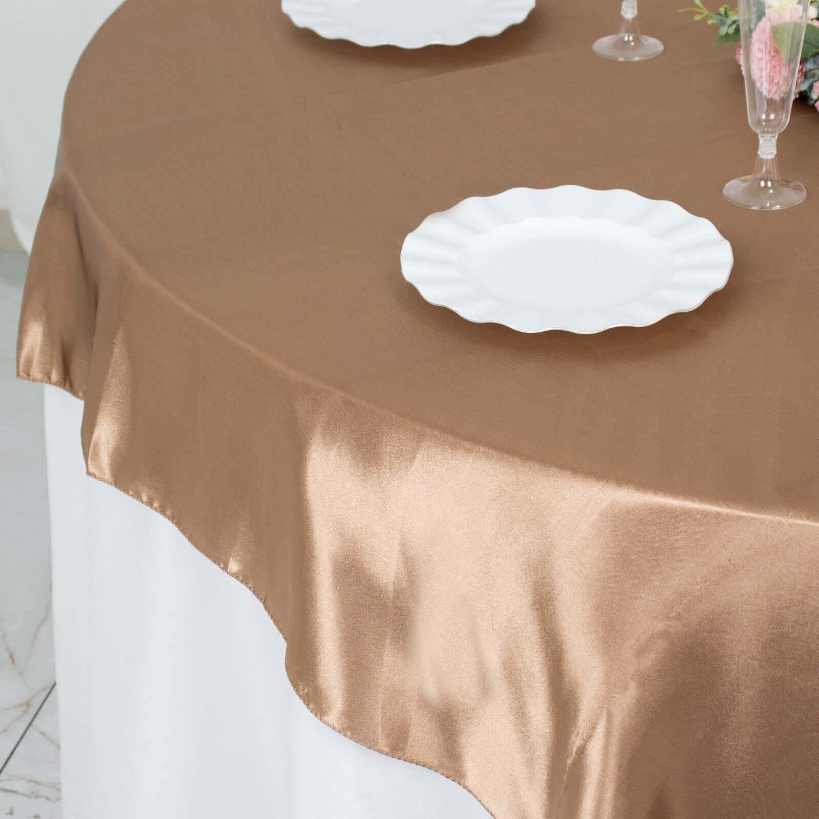 Tableclothsfactory 72" Satin Square Tablecloth Overlay for Wedding Catering Party Table Decorations Tablecloth Cover - Taupe - Image 9
