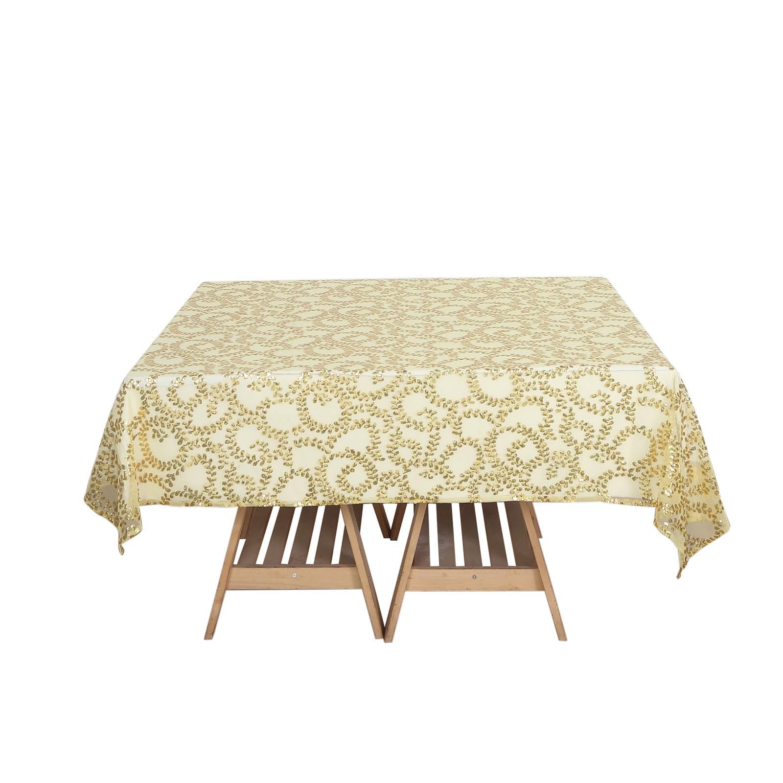 Tableclothsfactory 72"x72" Gold Sequin Leaf Embroidered Seamless Tulle Table Overlay, Square Sheer Table Topper - Image 3