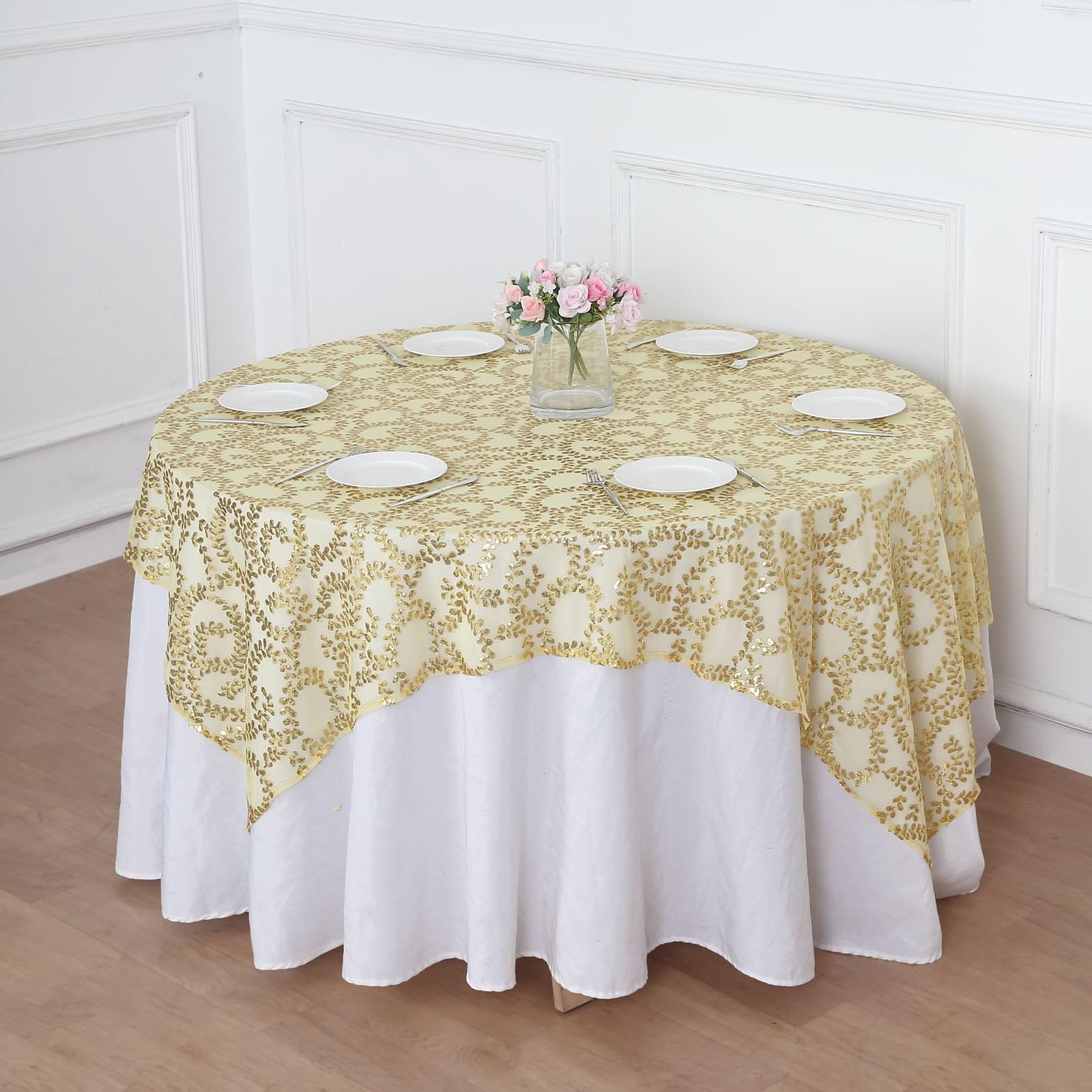 Tableclothsfactory 72"x72" Gold Sequin Leaf Embroidered Seamless Tulle Table Overlay, Square Sheer Table Topper - Image 4