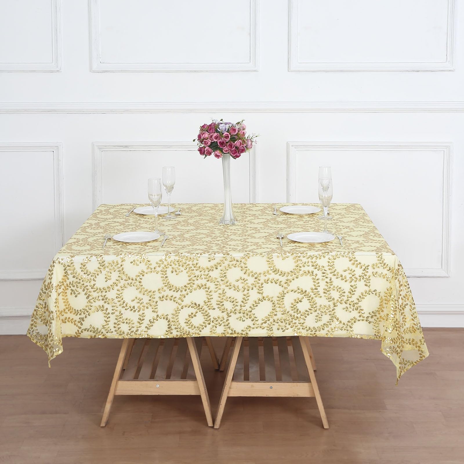 Tableclothsfactory 72"x72" Gold Sequin Leaf Embroidered Seamless Tulle Table Overlay, Square Sheer Table Topper - Image 5