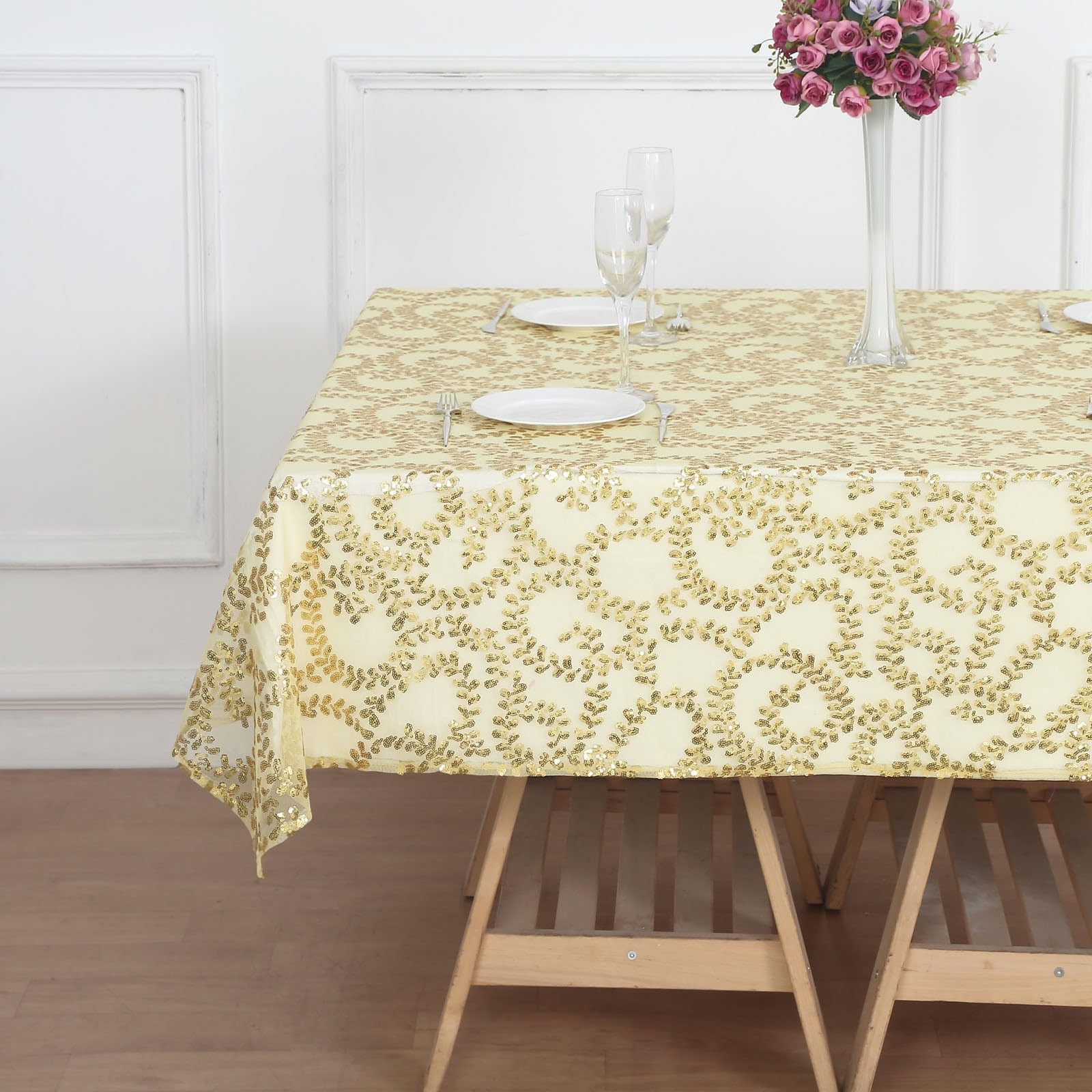Tableclothsfactory 72"x72" Gold Sequin Leaf Embroidered Seamless Tulle Table Overlay, Square Sheer Table Topper - Image 6