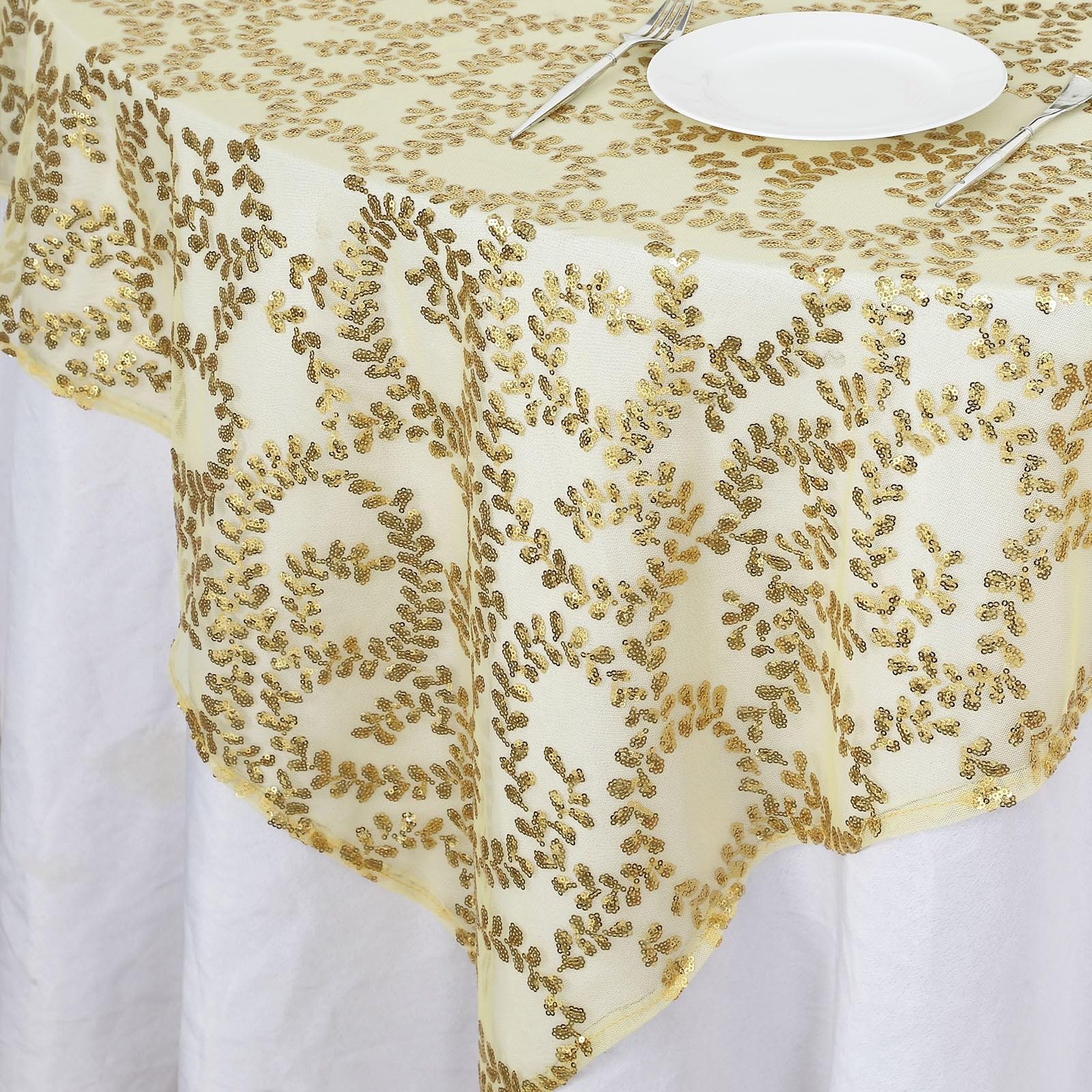 Tableclothsfactory 72"x72" Gold Sequin Leaf Embroidered Seamless Tulle Table Overlay, Square Sheer Table Topper - Image 7