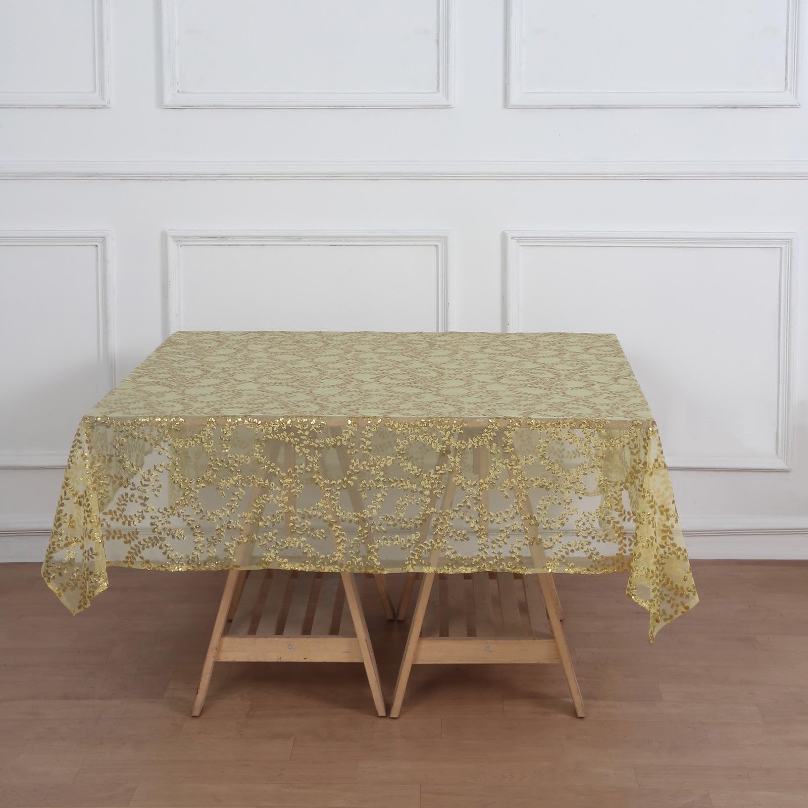 Tableclothsfactory 72"x72" Gold Sequin Leaf Embroidered Seamless Tulle Table Overlay, Square Sheer Table Topper - Image 9