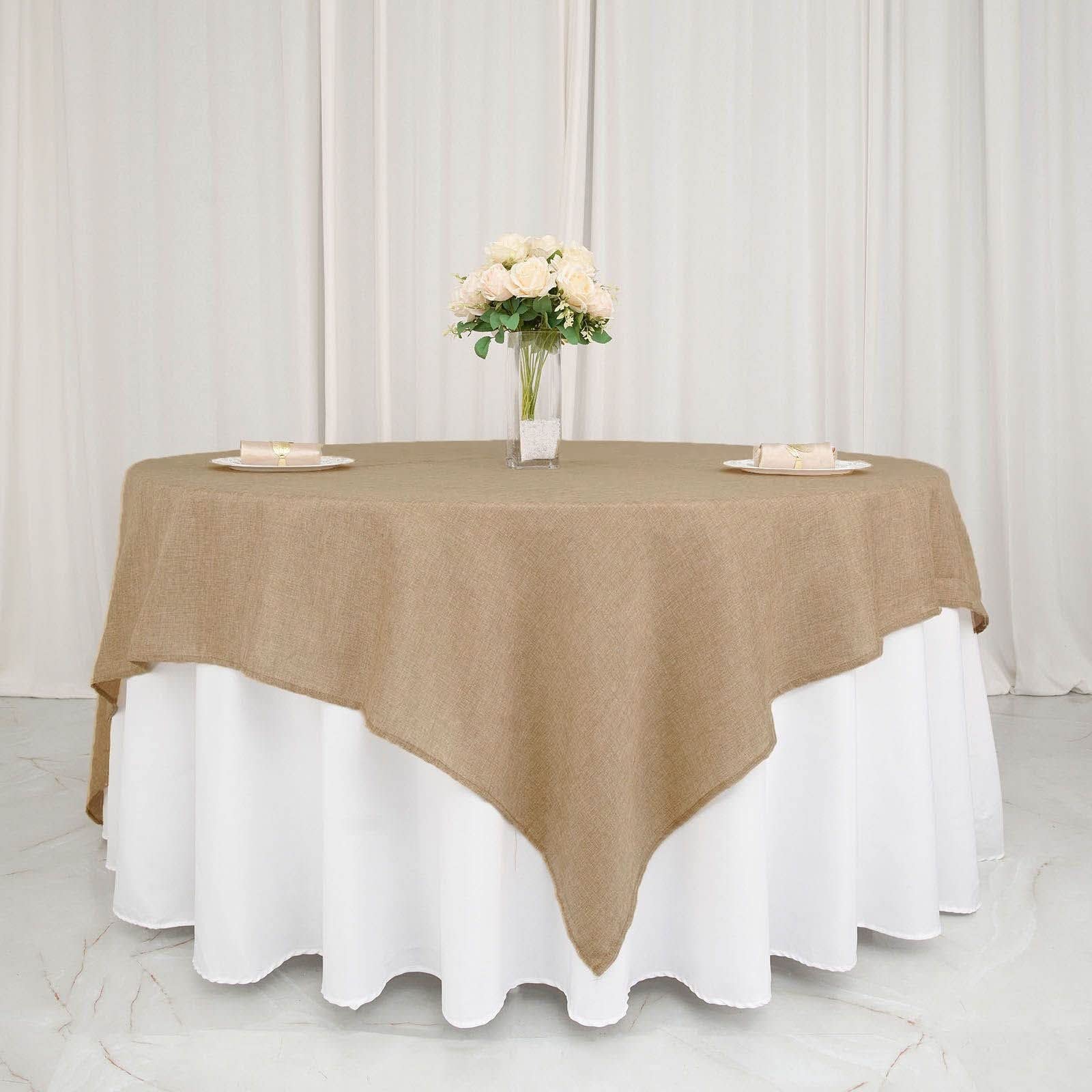 Tableclothsfactory 90" Natural Jute Faux Burlap Square Table Overlay | Boho Chic Decor - Image 7