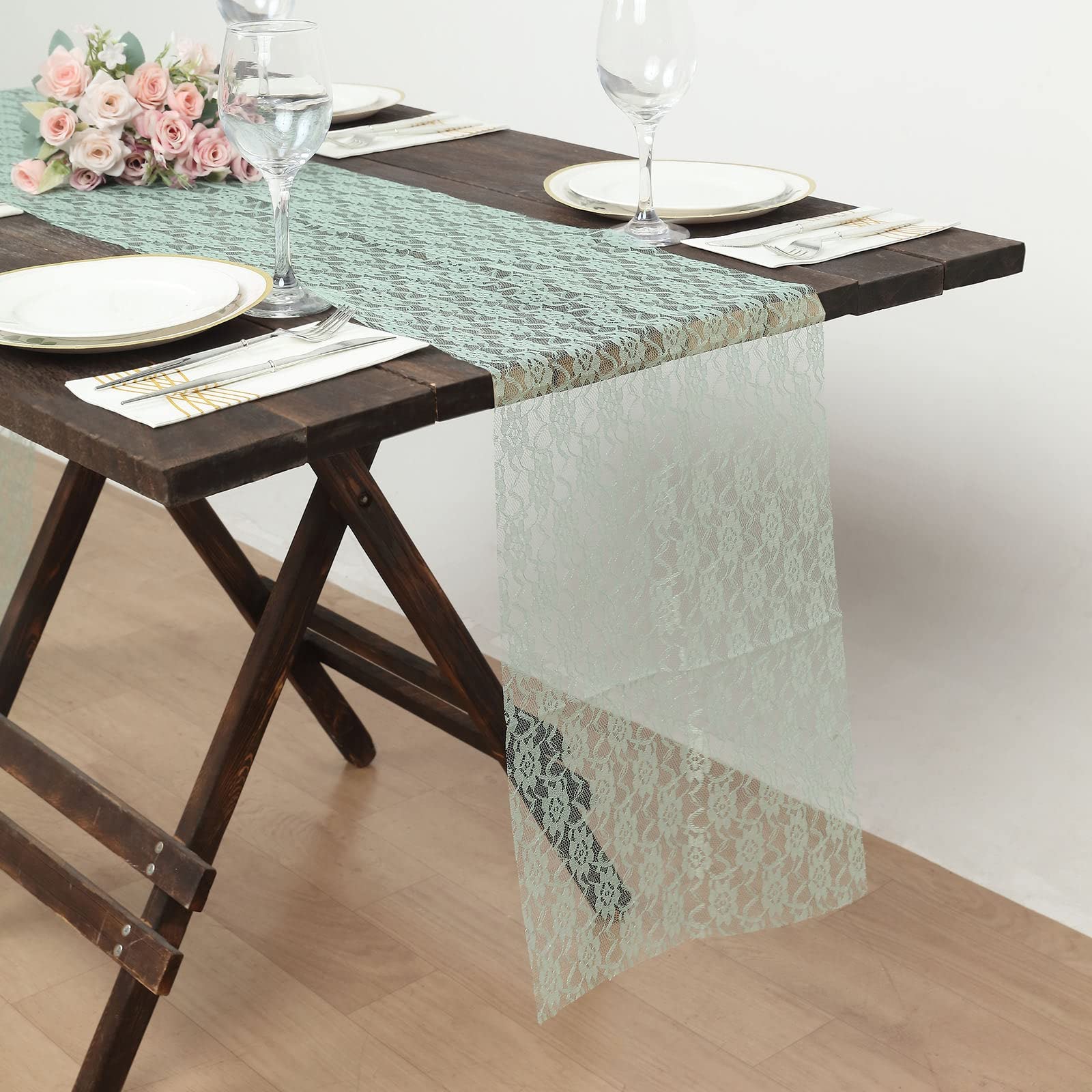 Tableclothsfactory Floral Lace Premium Table Top Runner for Weddings Birthday Party Decor Fit Rectangle and Round Table - Sage Green - Image 6